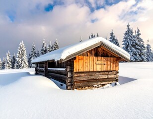 wooden house in the snow