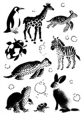 black and white stencil of animals with dots on their bodies: a penguin, a zebra, a giraffe, a turtle, a ladybug, a frog, and a rabbit, with bubbles. AI