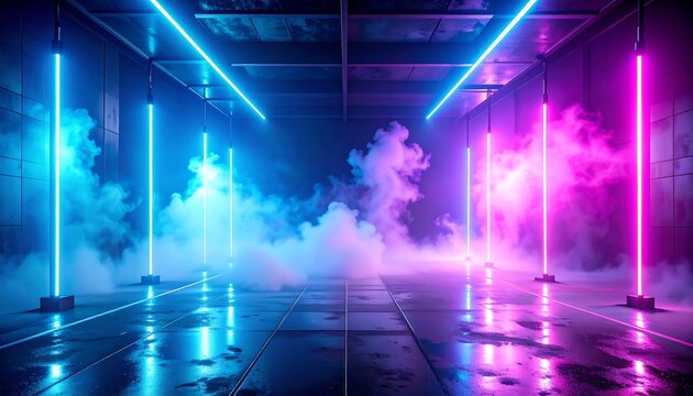 Futuristic podium in an empty hall with blue and pink neon light tubes and atmospheric smoke