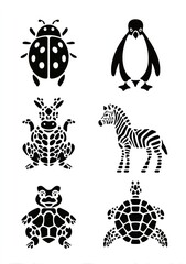 black and white stencil of animals with dots on their bodies: a penguin, a zebra, a giraffe, a turtle, a ladybug, a frog, and a rabbit, with bubbles. AI