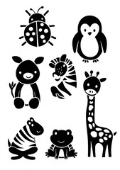 black and white stencil of animals with dots on their bodies: a penguin, a zebra, a giraffe, a turtle, a ladybug, a frog, and a rabbit, with bubbles. AI