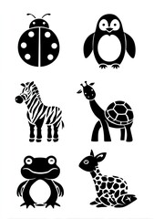 black and white stencil of animals with dots on their bodies: a penguin, a zebra, a giraffe, a turtle, a ladybug, a frog, and a rabbit, with bubbles. AI