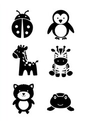 black and white stencil of animals with dots on their bodies: a penguin, a zebra, a giraffe, a turtle, a ladybug, a frog, and a rabbit, with bubbles. AI