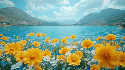 Vibrant Yellow Flowers by Scenic Lake with Mountains in Background