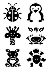 black and white stencil of animals with dots on their bodies: a penguin, a zebra, a giraffe, a turtle, a ladybug, a frog, and a rabbit, with bubbles. AI