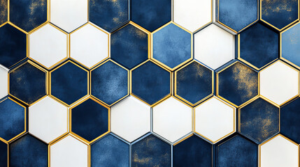 Navy blue and white hexagon tile pattern, luxury geometric background
