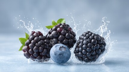 Fresh Blueberries and Blackberries Splashing in Moment of Frozen Delight Against a Soft Blue Background for Food and Nature Themes