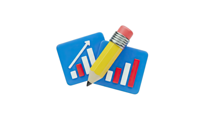 Pencil and 3D Bar Charts Representing Growth and Analysis