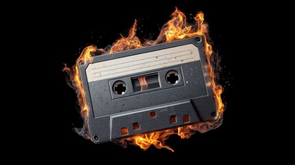 Dramatic Image of a Flaming Cassette Tape Surrounded by Fiery Flames Symbolizing Nostalgia and Musical Memories