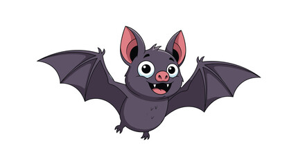 Obraz premium Cute purple bat cartoon character flying with open wings and a friendly smile, ideal for halloween decorations and spooky themed kids illustrations.