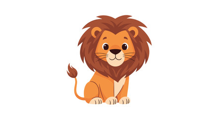 Fototapeta premium Little lion cub cartoon character sitting down with a friendly smile, featuring a thick brown mane and orange fur on a clean white background.