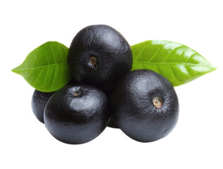 Fresh and organic a&ccedil;a&iacute; berries with vibrant green leaves, showcasing their rich, dark purple hue and natural appeal