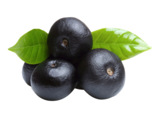 Fresh and organic açaí berries with vibrant green leaves, showcasing their rich, dark purple hue and natural appeal