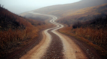 Winding Dirt Road Through Misty Landscape with Autumn Foliage