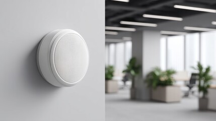 Modern Office Interior Featuring Mounted White Speaker in Contemporary Workspace with Natural Light and Green Plants for a Fresh Ambience