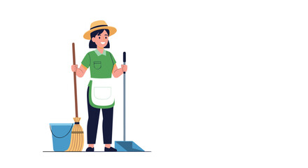 Fototapeta premium Professional cleaning woman wearing a green shirt and straw hat holding a broom and mop next to a bucket and dustpan for housework chores.
