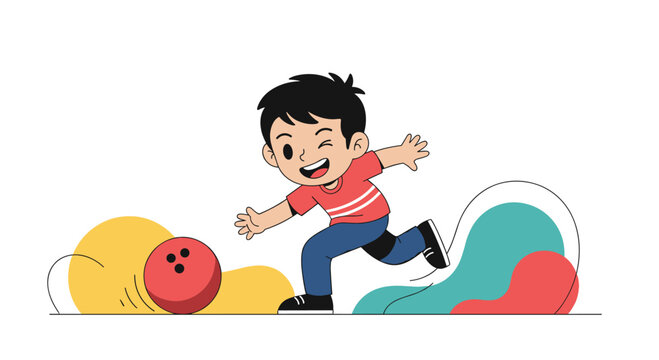 Happy young boy celebrates after throwing a red bowling ball down the lane in this fun cartoon sport illustration.