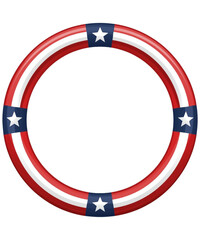Naklejka premium Vibrant circular frame featuring patriotic red, white, and blue stripes with four distinct star accents for celebration on transparent background