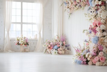 Elegant Wedding Ceremony Backdrop Featuring White Draped Fabric and Lush Pink and White Floral Arch
