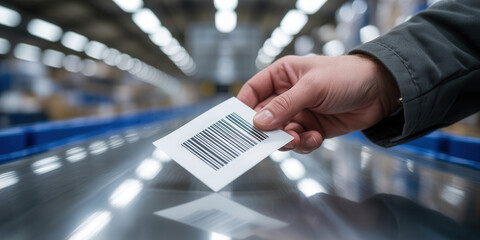 Hand holding barcode label over reflective surface in warehouse with blurred background and shelves