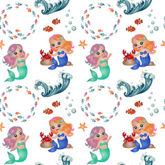 Seamless Patterns Cute Mermaid with Sea Life. Watercolor Hand Drawn Illustration Style. 