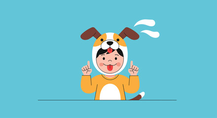 Person wearing a cute dog mascot costume points their fingers upward while showing a playful tongue out pose.