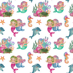 Seamless Patterns Cute Mermaid with Sea Life. Watercolor Hand Drawn Illustration Style. 