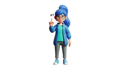 3D Animated Girl with Number One Finger Gesture