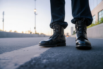 Black military boots on asphalt road with urban background and evening light ambiance