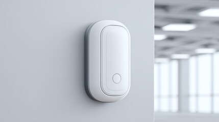 Bright Office Environment with Wall-Mounted White Speaker on a Light Gray Wall, Showcasing Modern Interior Design Elements and Minimalist Aesthetic