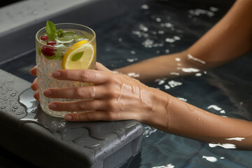 Elegant hand holding refreshing cocktail in luxury spa setting with serene water ambiance