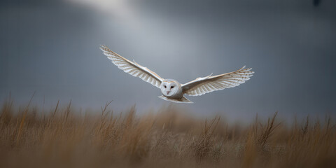 White owl in flight over tall grass with blurred background and soft light illuminating feathers
