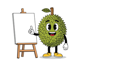 Green durian mascot character pointing towards a blank white easel canvas with a happy expression for educational or creative use.