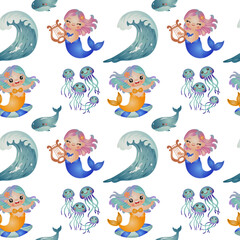 Seamless Patterns Cute Mermaid with Sea Life. Watercolor Hand Drawn Illustration Style. 