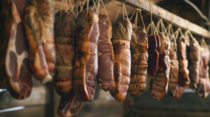 Cured meats hanging on a wooden rack. Various types of sausages and hams are displayed, showcasing traditional preservation methods in a rustic setting.