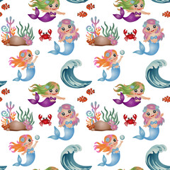 Seamless Patterns Cute Mermaid with Sea Life. Watercolor Hand Drawn Illustration Style. 