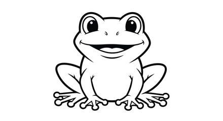 Fototapeta premium Detailed black and white line art coloring page of a friendly frog sitting and looking forward with a wide happy smile.
