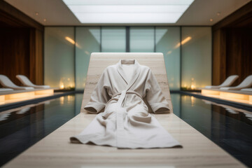 Spa robe laid on a stone lounge chair with soft lighting and wooden accents in a luxury spa