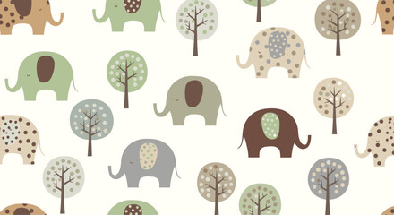 Charming seamless pattern featuring cute elephants and stylized trees in a soft earth tone color palette for wallpaper.