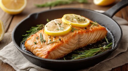 Seared Salmon Fillet Garnished with Fresh Lemon Slices and Herbs in a Cast Iron Pan on a Rustic Wooden Table