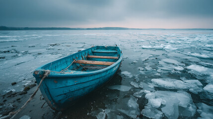 Obraz premium Old Blue Fishing Boat Surrounded by Ice Floes on a Frozen River During a Cold Winter Day