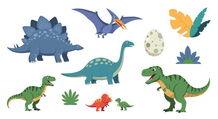 Diverse collection of colorful dinosaurs including t-rex, stegosaurus, pterodactyl, and a long-neck dinosaur on white.