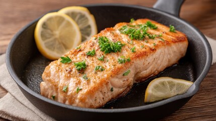 Seared Salmon Fillet Garnished with Fresh Lemon and Herbs in a Cast Iron Skillet on a Rustic Wood Table