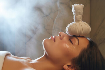 Woman receiving spa treatment with herbal compress on forehead and steam in background