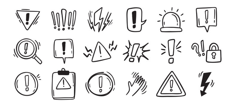 Warnings related hand drawn doodle simple icons set. Vector line drawing warnings related icons.