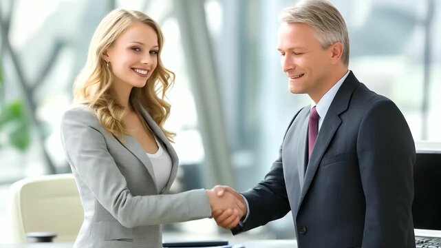 HR interviewer and candidate shake hands beside a desk, welcoming smiles, modern office interior, neutral background, professional recruitment moment, realistic lifestyle photo, copy space, no