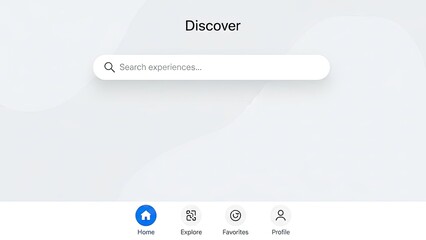 digital mobile application ui screen showing discover page with search experiences bar and navigation icons for home explore favorites and profile