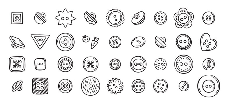 Sewing buttons line hand drawn doodle art icons set. Sewing accessories clothes various outline shapes. 