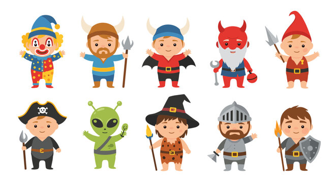 Diverse collection of cute children wearing various costumes like clown, viking, devil, elf, pirate, alien, and knight.
