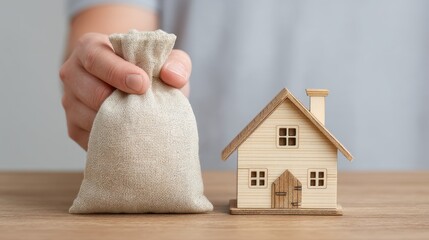 Hand Holding Money Bag Next to Wooden House Model on Table Signifying Financial Investment and Real Estate Concept